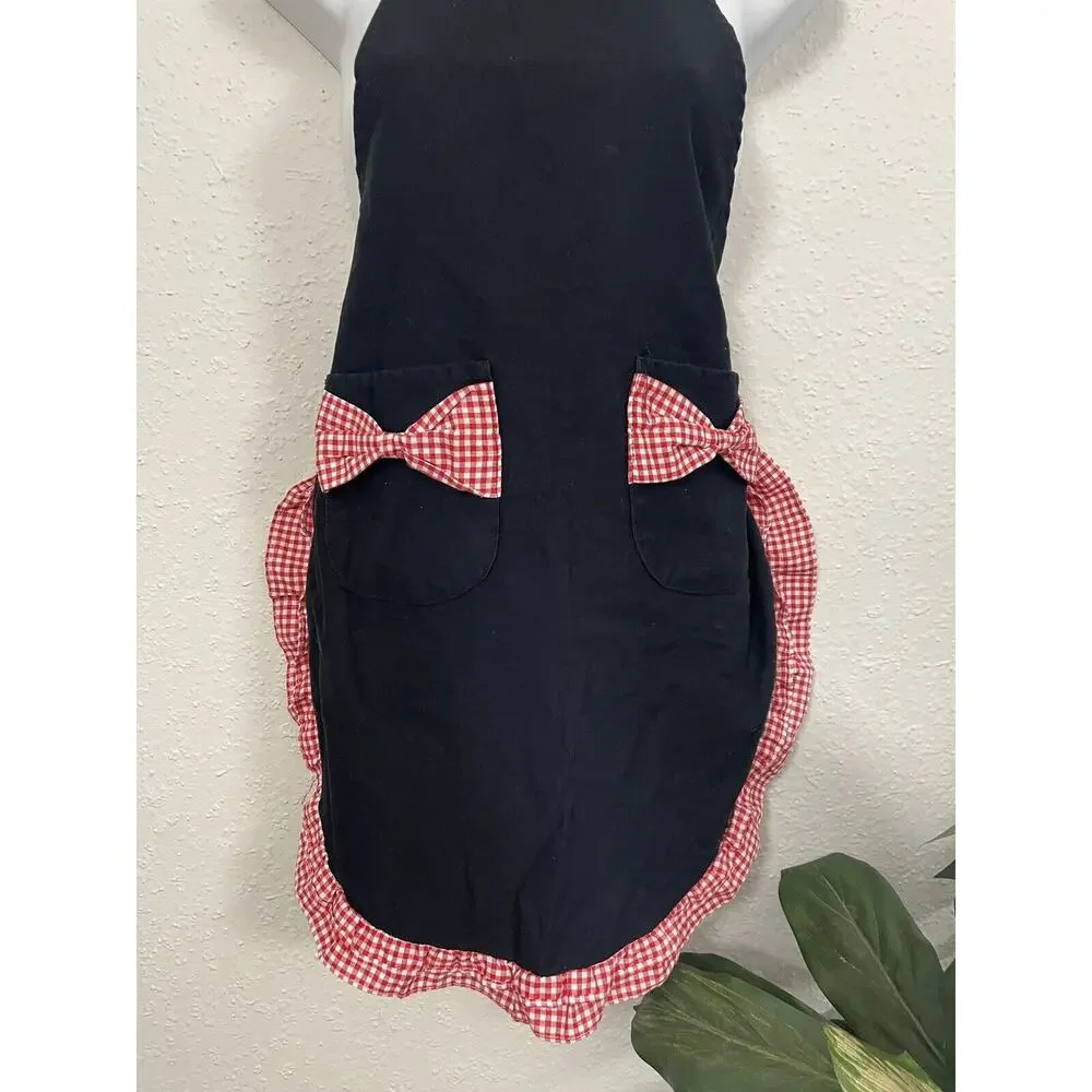 Princess Bib Apron Smock Plaid Frill Bow Pockets Maid Waitress Work